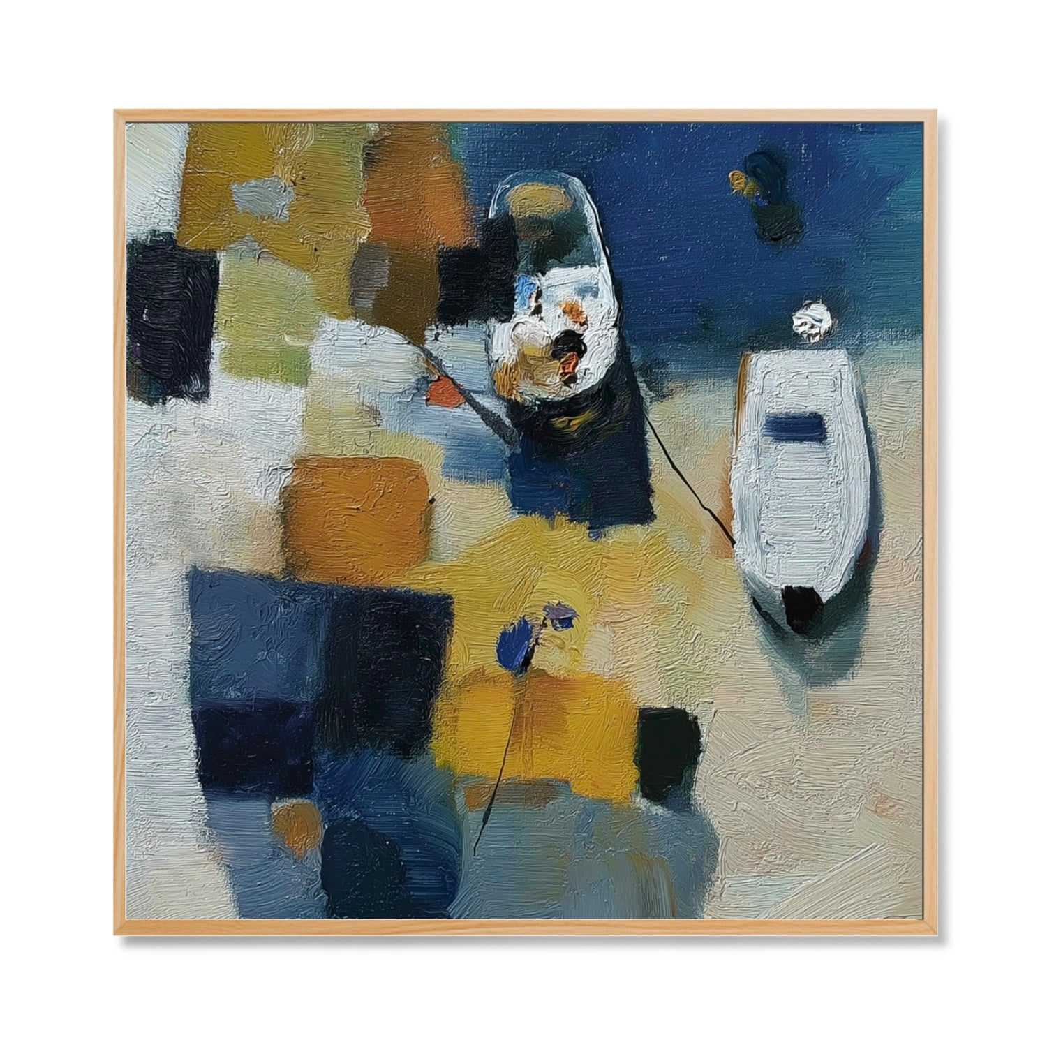 Original abstract impasto oil painting: geometric boats/shapes, rich texture; bold composition of blues, whites, and yellows with a cool color orientation.