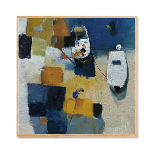 Original abstract impasto oil painting: geometric boats/shapes, rich texture; bold composition of blues, whites, and yellows with a cool color orientation.