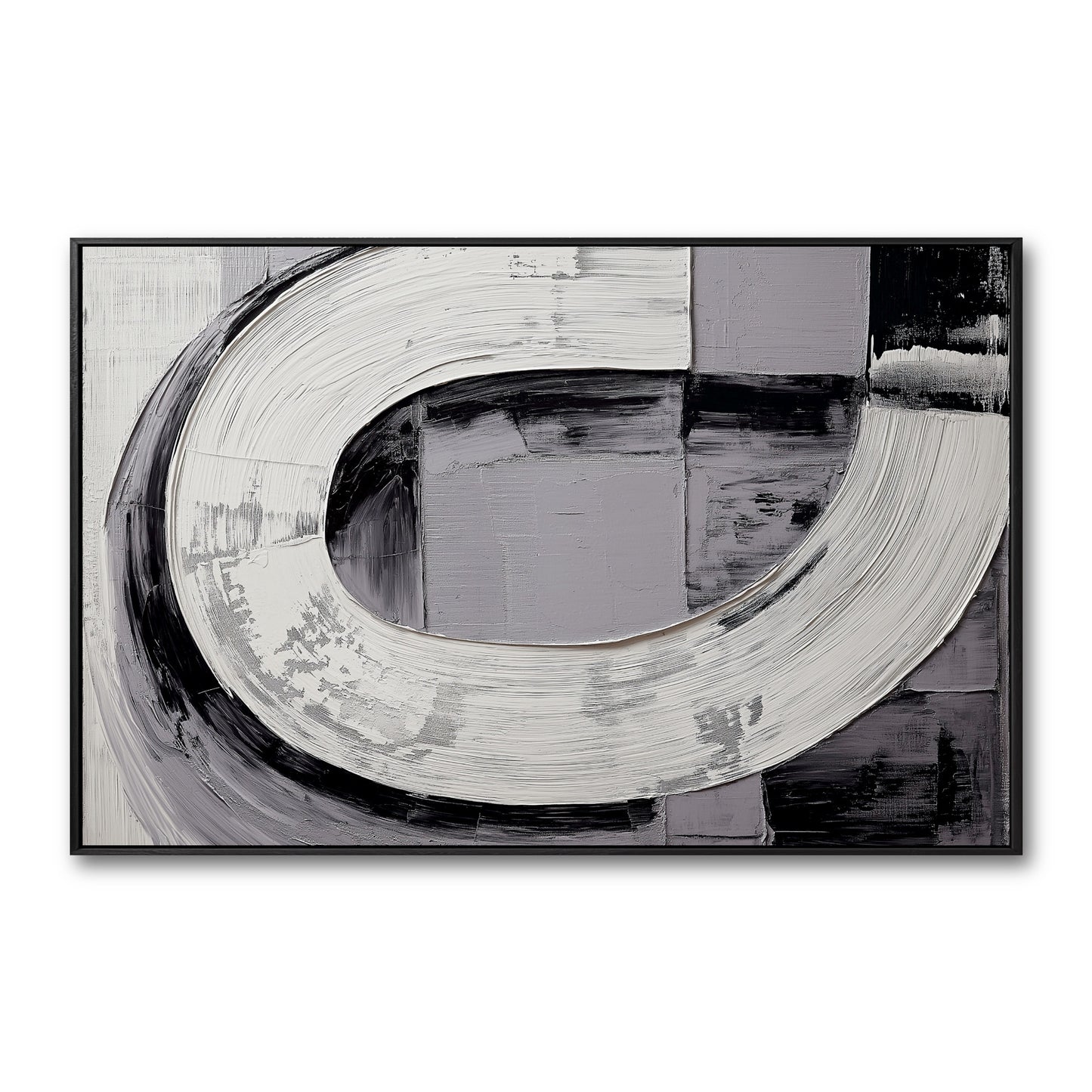 Original black and white abstract art. A heavily textured impasto painting with a bold, C-shaped brushstroke and geometric blocks.