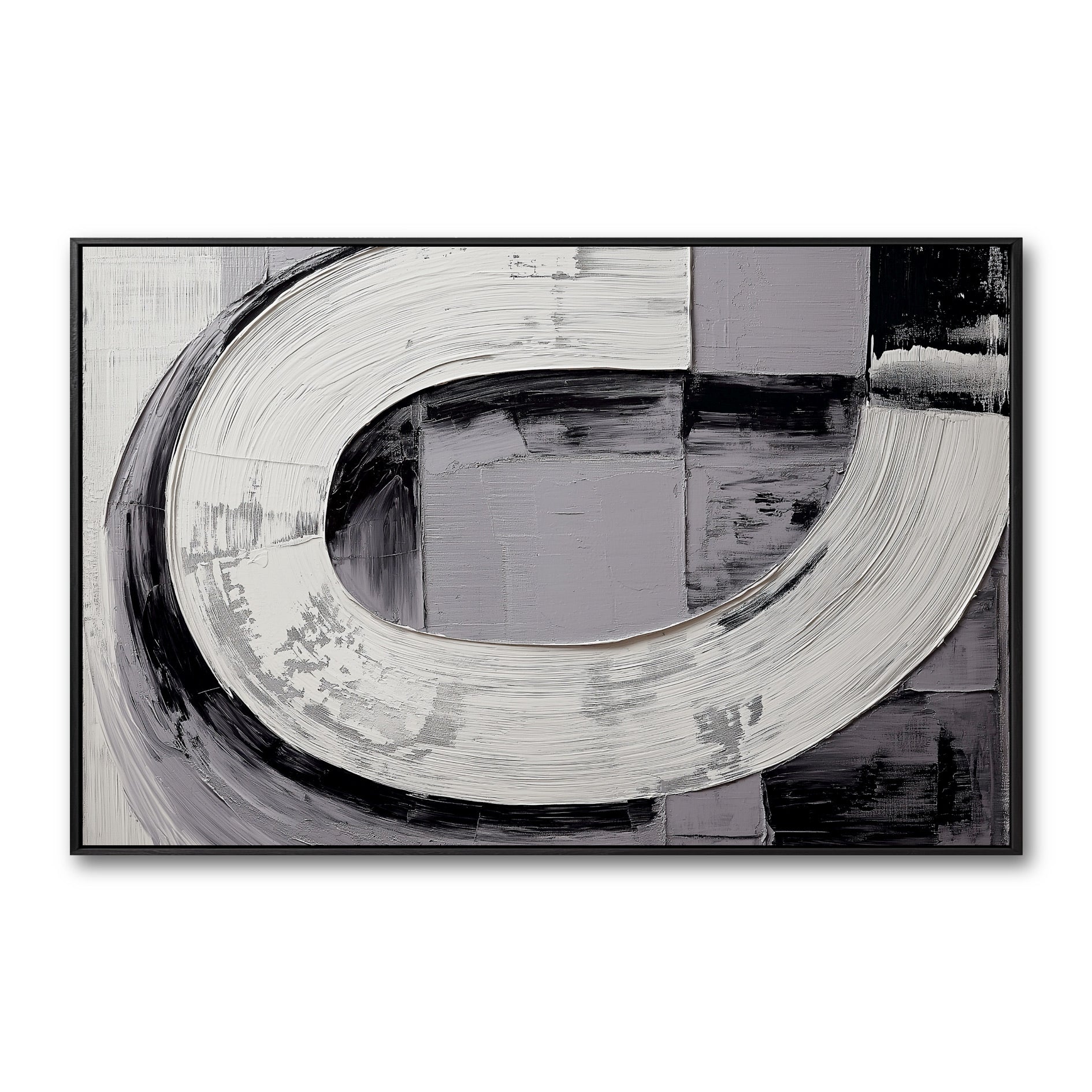 Original black and white abstract art. A heavily textured impasto painting with a bold, C-shaped brushstroke and geometric blocks.