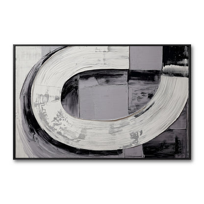 Original black and white abstract art. A heavily textured impasto painting with a bold, C-shaped brushstroke and geometric blocks.