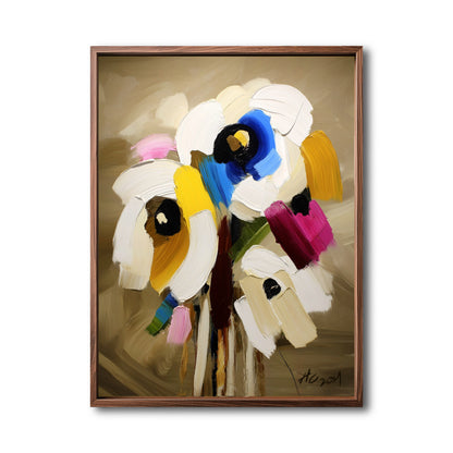 Original abstract floral painting, heavy texture. Warm golden background with white blooms and blue, pink, yellow accents.