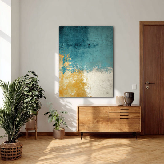 This large teal and gold original abstract canvas creates a striking focal point above a mid-century modern credenza in a sunlit room.