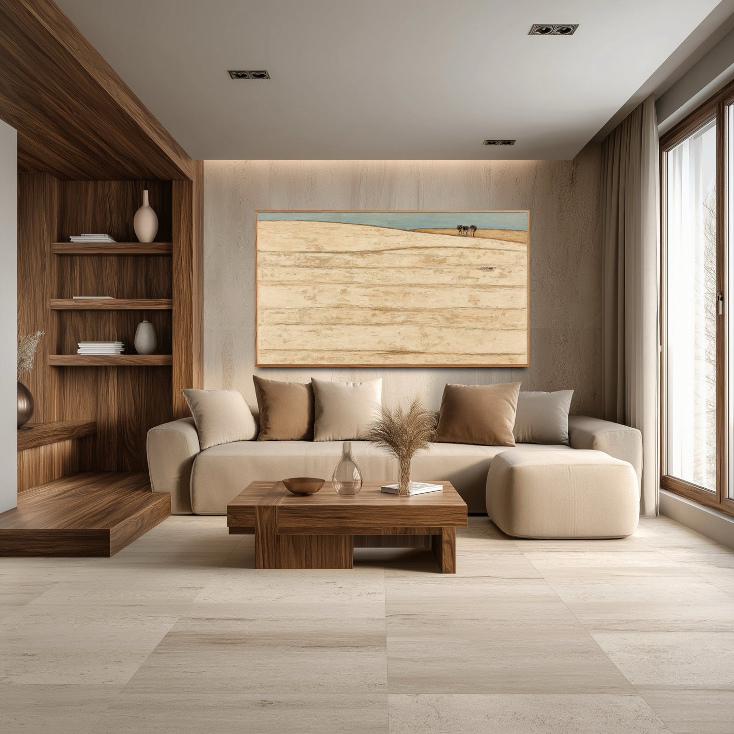 Large, horizontal original art anchors the expansive wall above the low-profile beige sofa and dark wood built-ins.