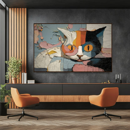 Bold abstract cat painting above a black console, providing a vibrant focal point that harmonizes with orange chairs and dark, modern paneling.