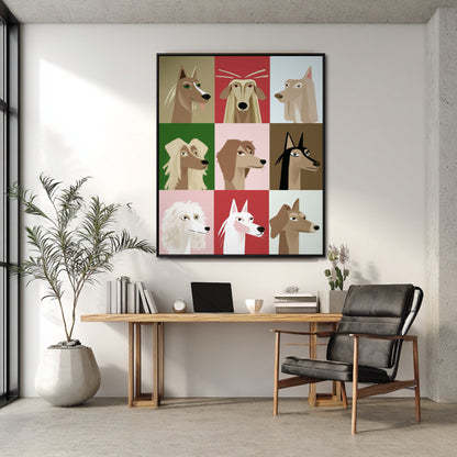 Expressive dog painting adds a personal, colorful accent to a bright, minimalist home office with a wooden desk and concrete floor.