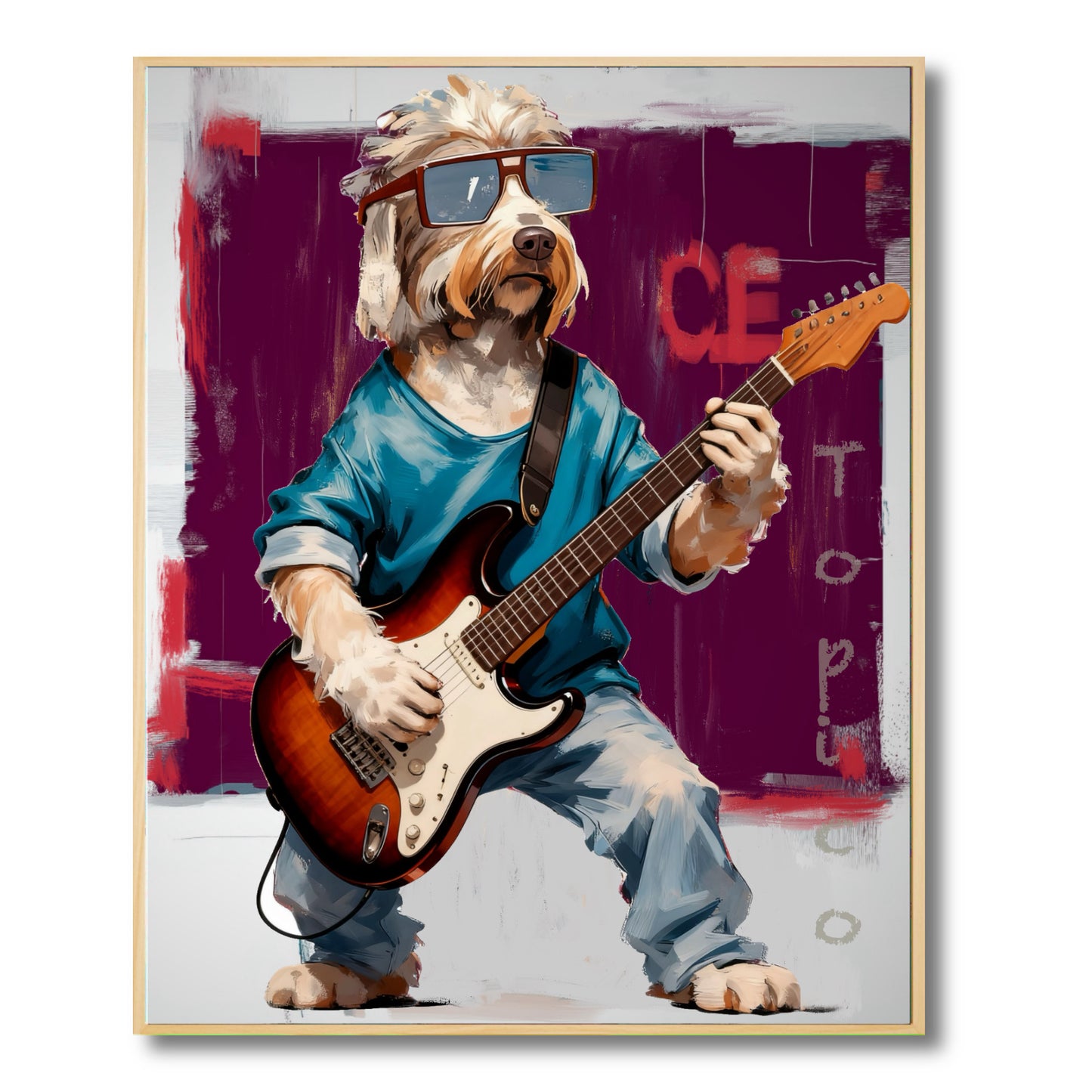 Original pop art painting of a cool dog playing guitar. Vibrant, whimsical, and modern with mixed cool (blue, purple) and warm tones.