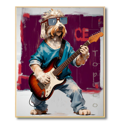 Original pop art painting of a cool dog playing guitar. Vibrant, whimsical, and modern with mixed cool (blue, purple) and warm tones.