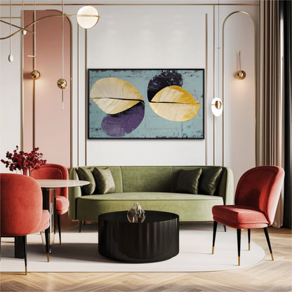 This abstract painting’s gold and purple hues echo the gold fixtures and bold velvet chairs in a chic, Art Deco-inspired living room.