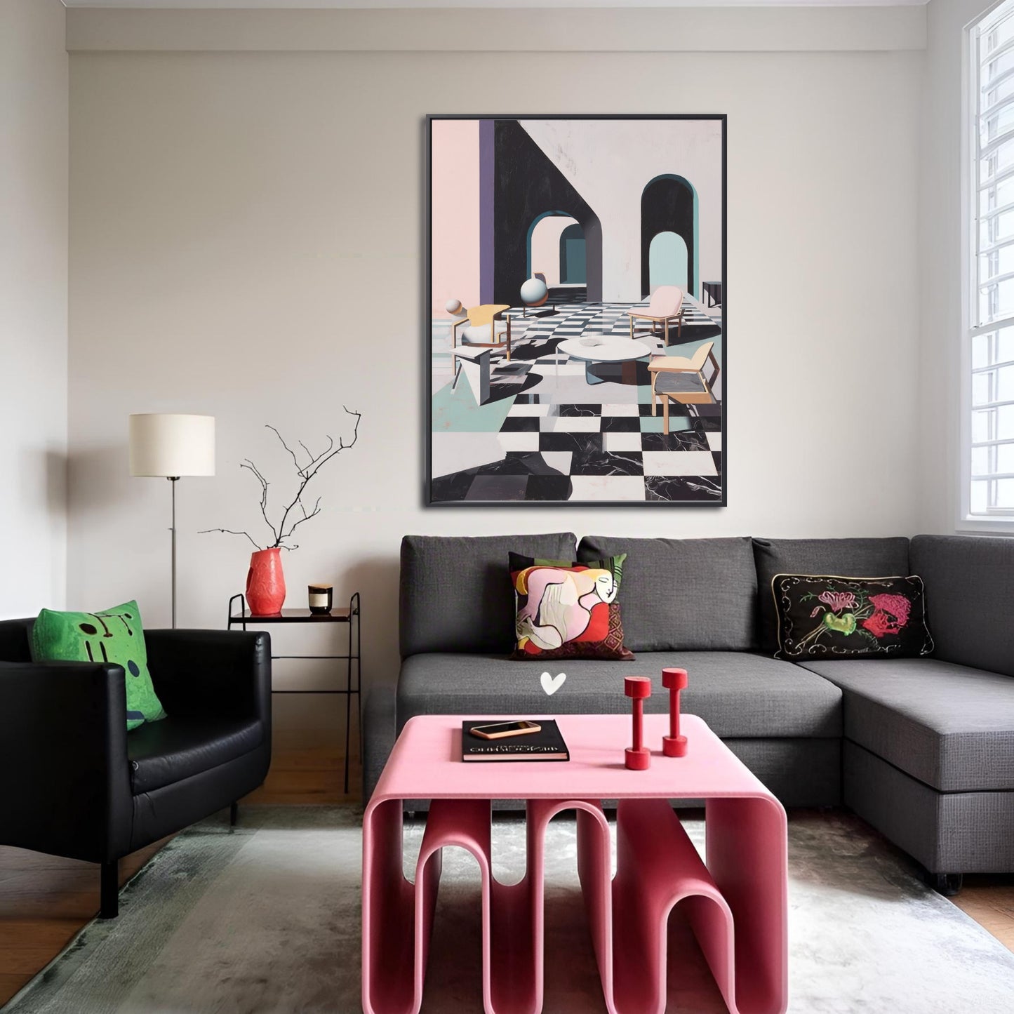 Post-Modern abstract painting complements a modern living room featuring a gray sectional and vibrant pink accent table.