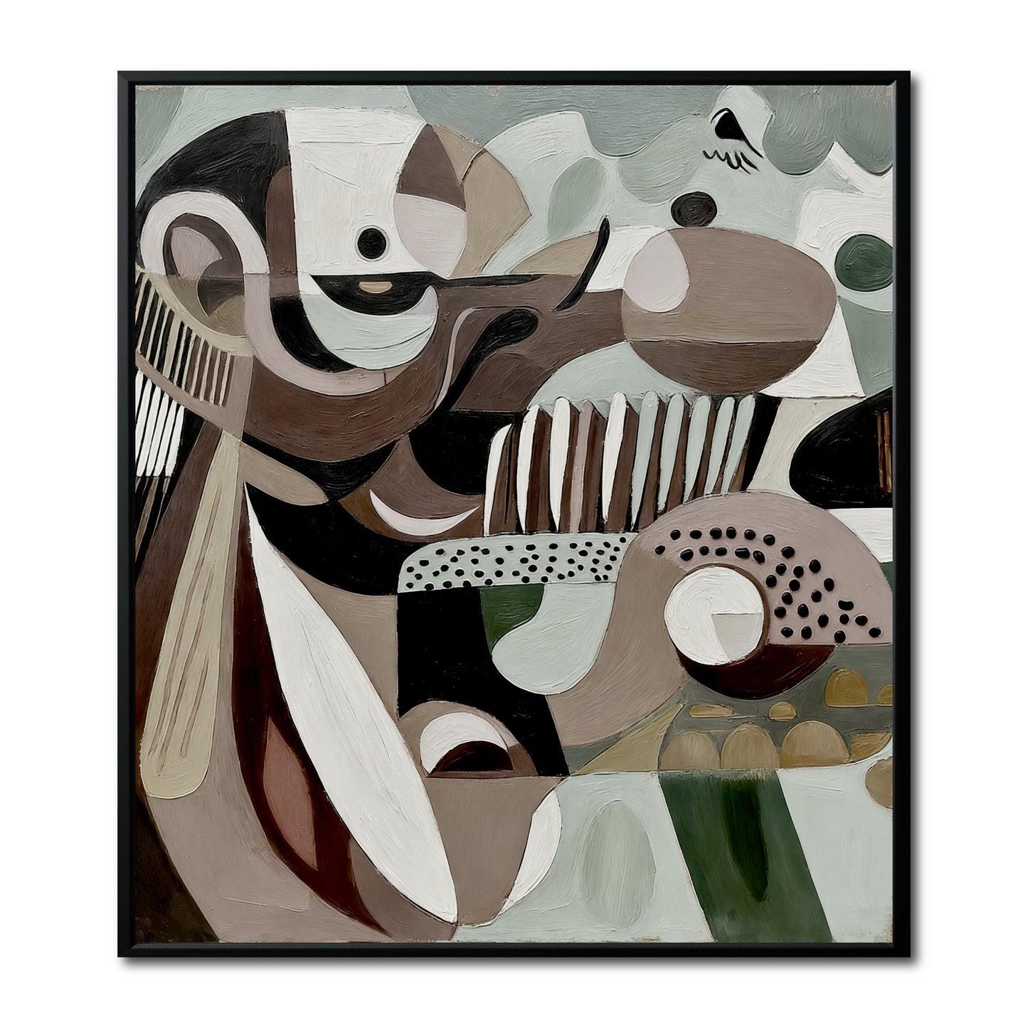 Original abstract cubist painting. Earthy brown, green, and black shapes create a dynamic composition. Complex neutral-warm palette.