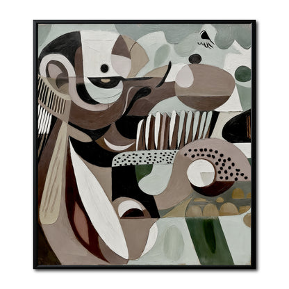 Original abstract cubist painting. Earthy brown, green, and black shapes create a dynamic composition. Complex neutral-warm palette.