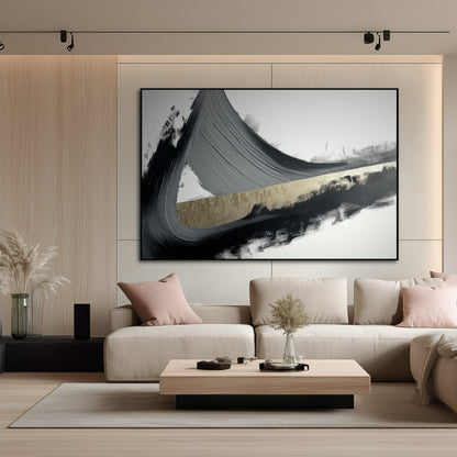 Large black and gold abstract painting on a white wall in a luxury lounge with marble walls and velvet armchairs.