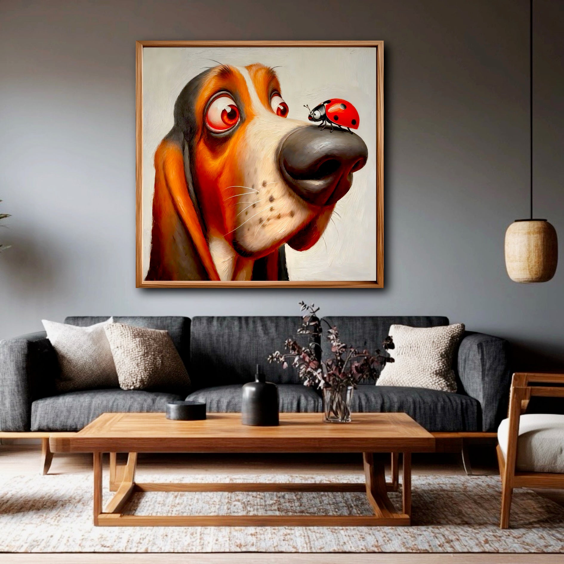 A framed pop art painting of a dog and ladybug hangs above a dark sofa, providing a bright, humorous contrast in a moody interior.