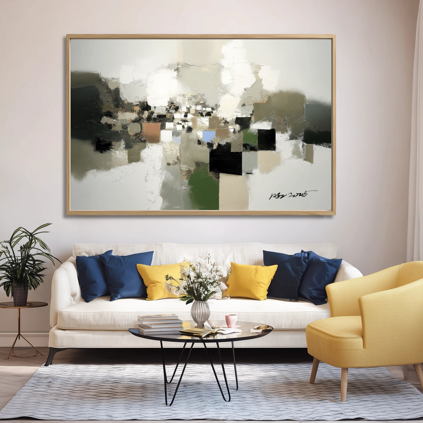 Modern living room with a white sofa, yellow armchair, and abstract painting on the wall.