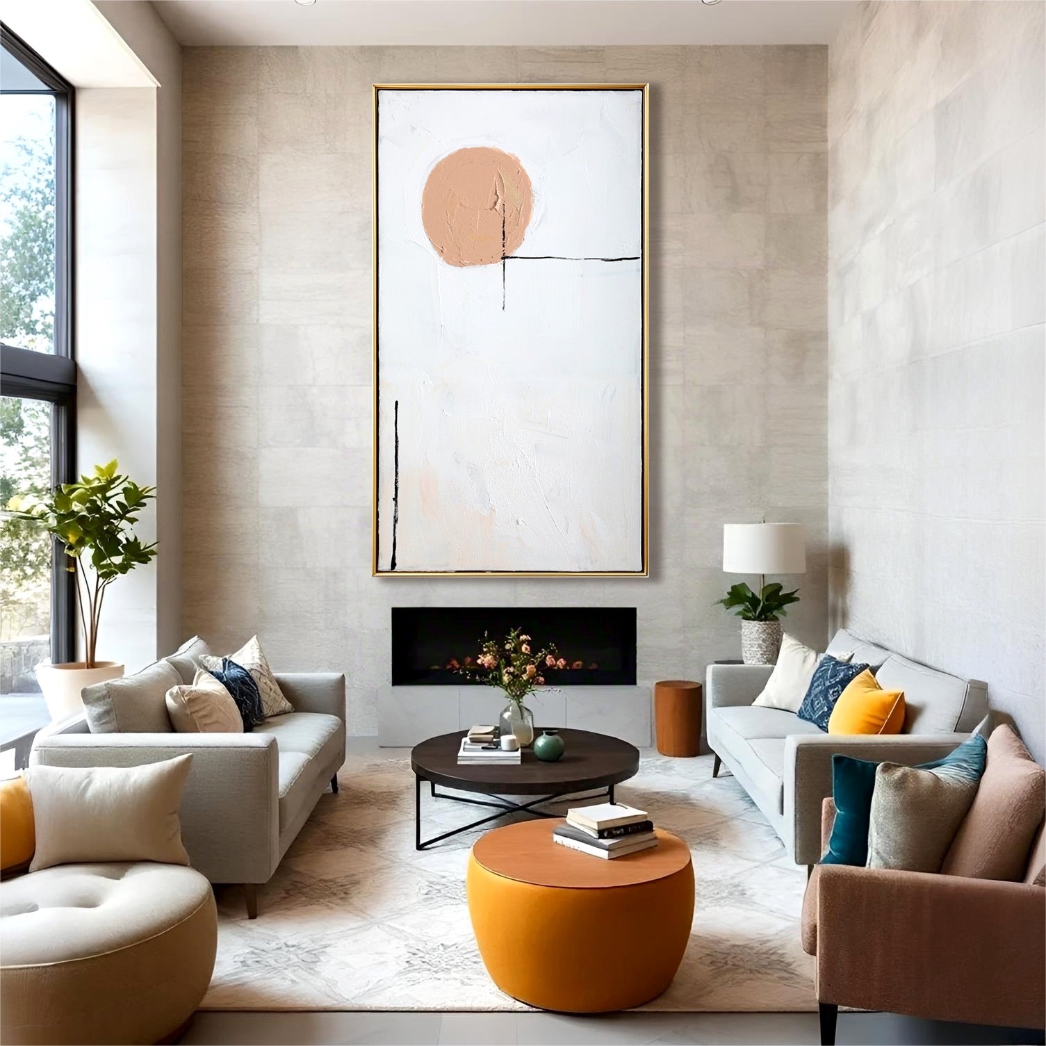 Modern living room with gray sofas, orange coffee table, and abstract art on the wall.