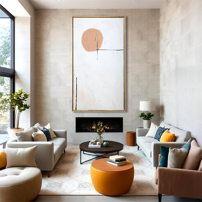 Modern living room with gray sofas, orange coffee table, and abstract art on the wall.