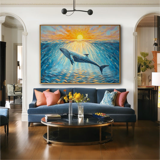 A whale painting hangs in a grand, classic living room with arched doorways and a dark blue velvet sofa.
