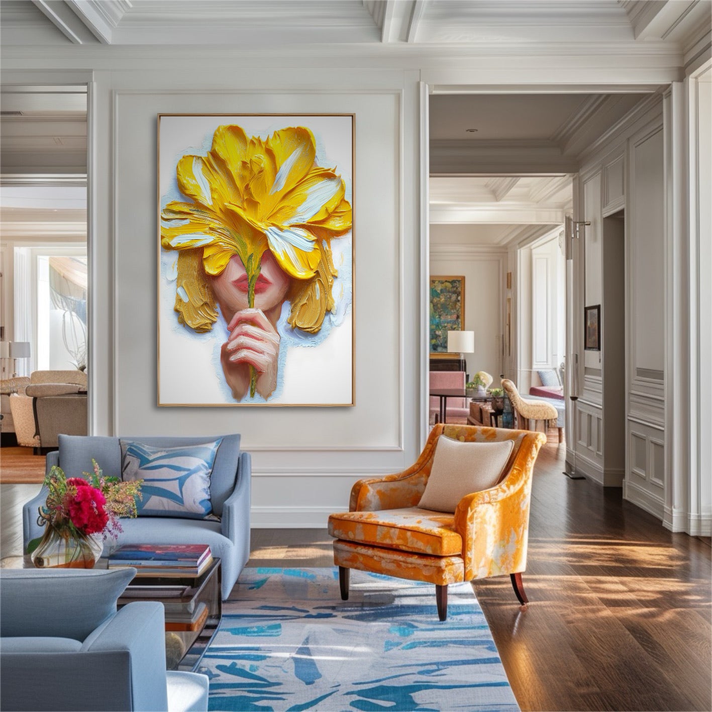 Textured yellow floral art contrasts beautifully with a blue and orange elegant living room. The piece provides a cheerful focal point amidst traditional wainscoting and hardwood floors.