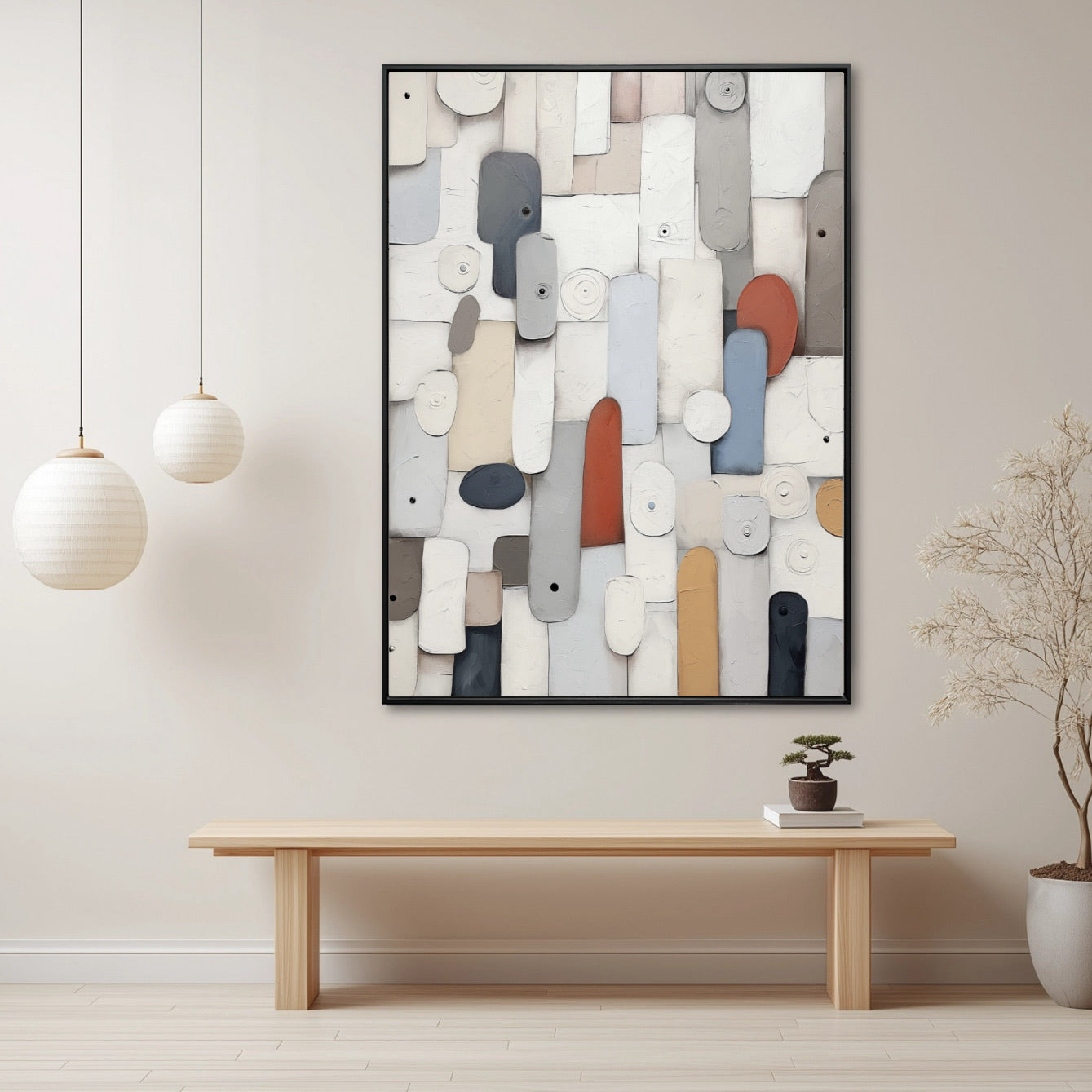 A room pic shows an expressionist deco painting, creating whimsical, playful, cute, elegant, cozy, and futuristic vibes.