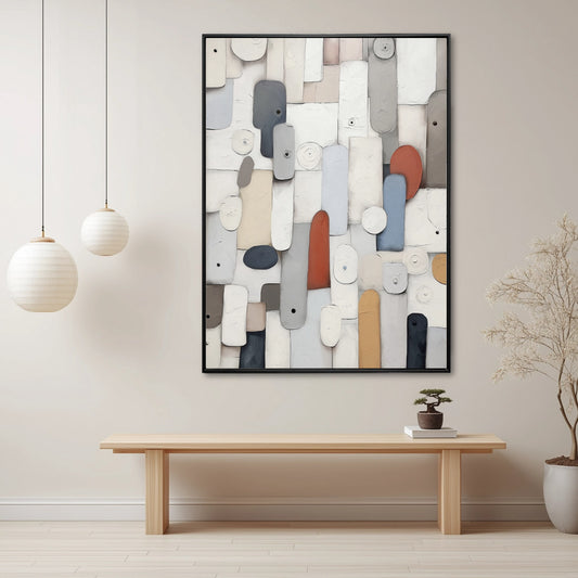A room pic shows an expressionist deco painting, creating whimsical, playful, cute, elegant, cozy, and futuristic vibes.