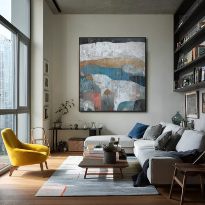 Colorful abstract artwork complements the yellow accent chair and large sectional in this bright, contemporary high-rise apartment.