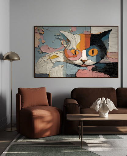 Large textured cat art on a cool gray wall, tying together warm brown seating and blue/orange accents in a contemporary living space.