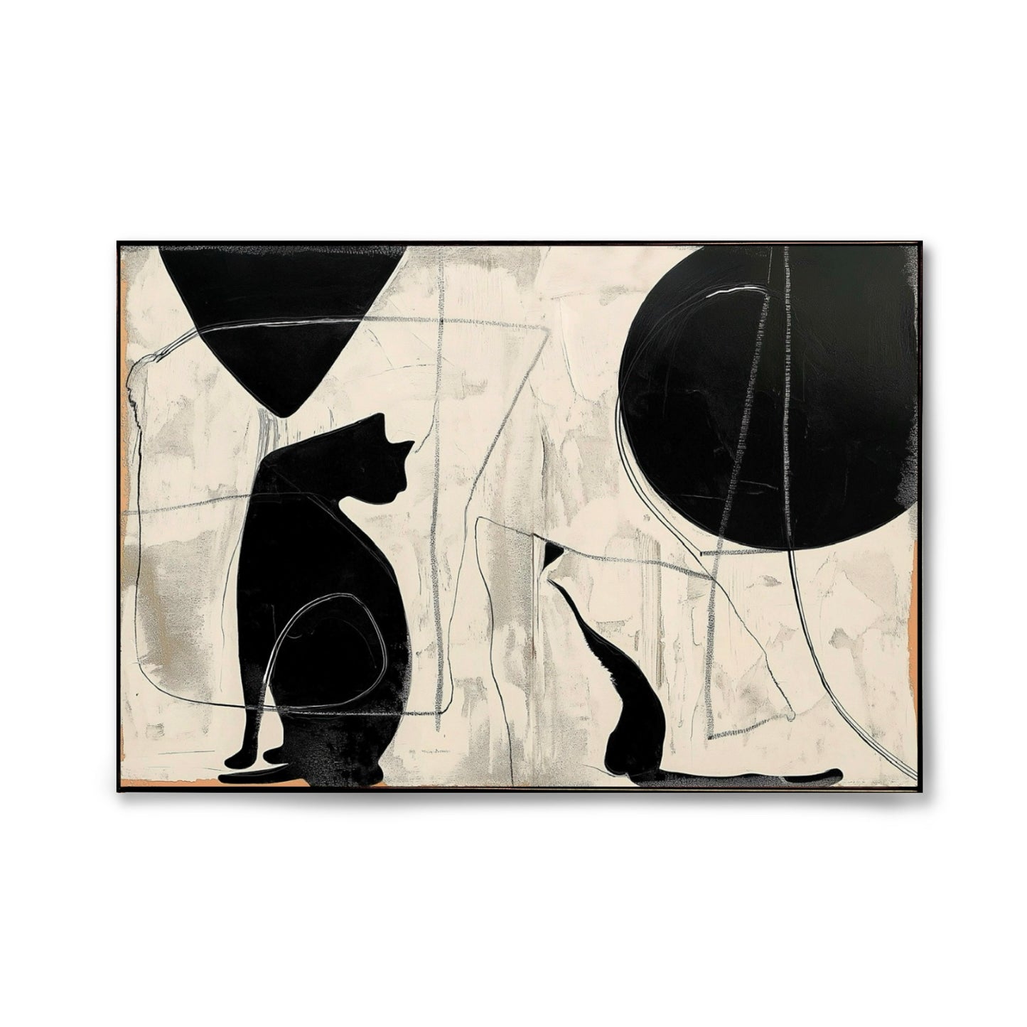Original modern abstract cat silhouettes painting. Minimalist black and white art with expressive texture. Neutral/cool tones.