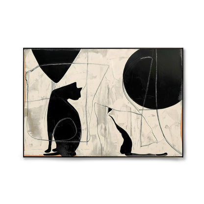 Original modern abstract cat silhouettes painting. Minimalist black and white art with expressive texture. Neutral/cool tones.