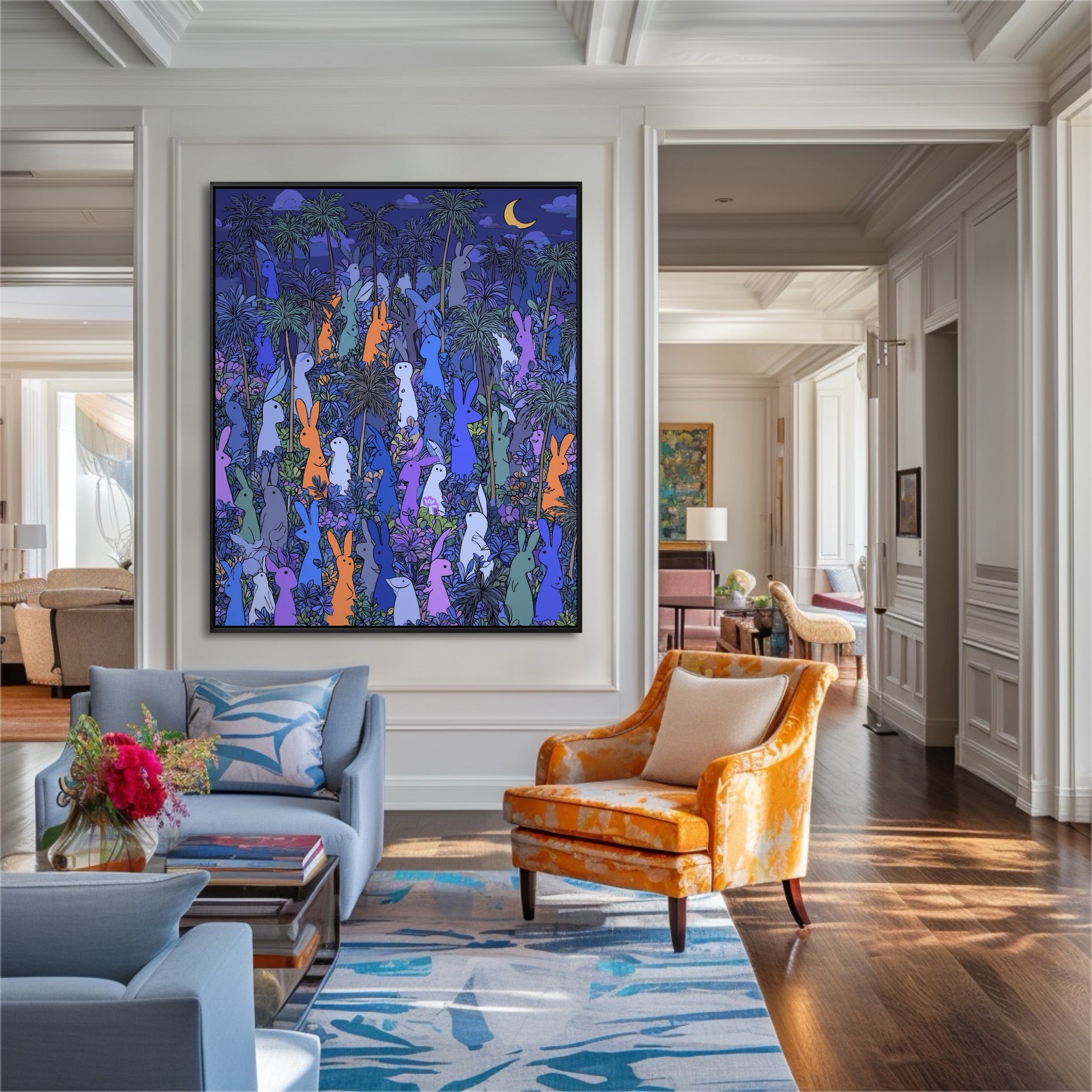 Intense jungle rabbit painting provides a dramatic, colorful centerpiece in a grand, formal living room with classic white trim and blue accents.