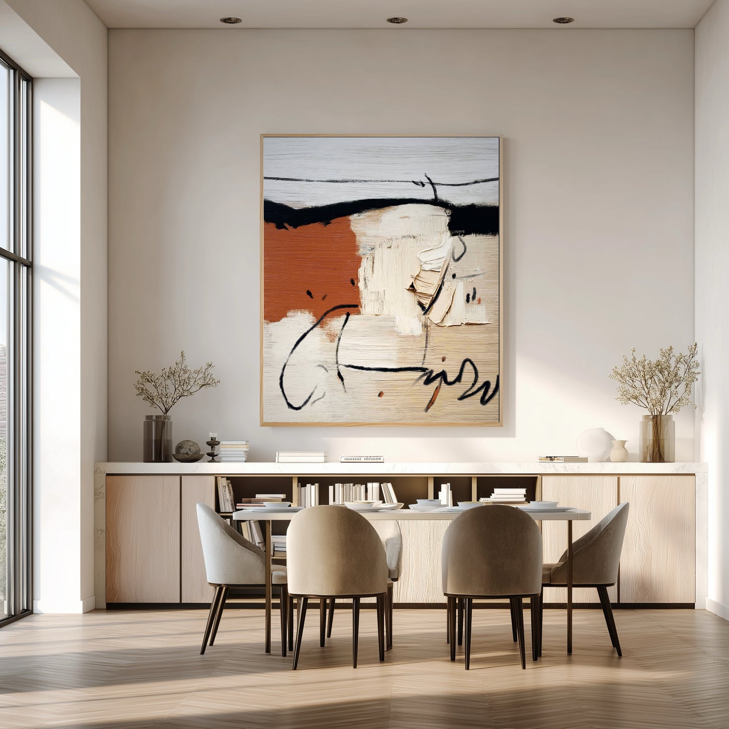 Bold original abstract art creates a focal point in a contemporary minimalist dining area above light wood and marble built-ins.