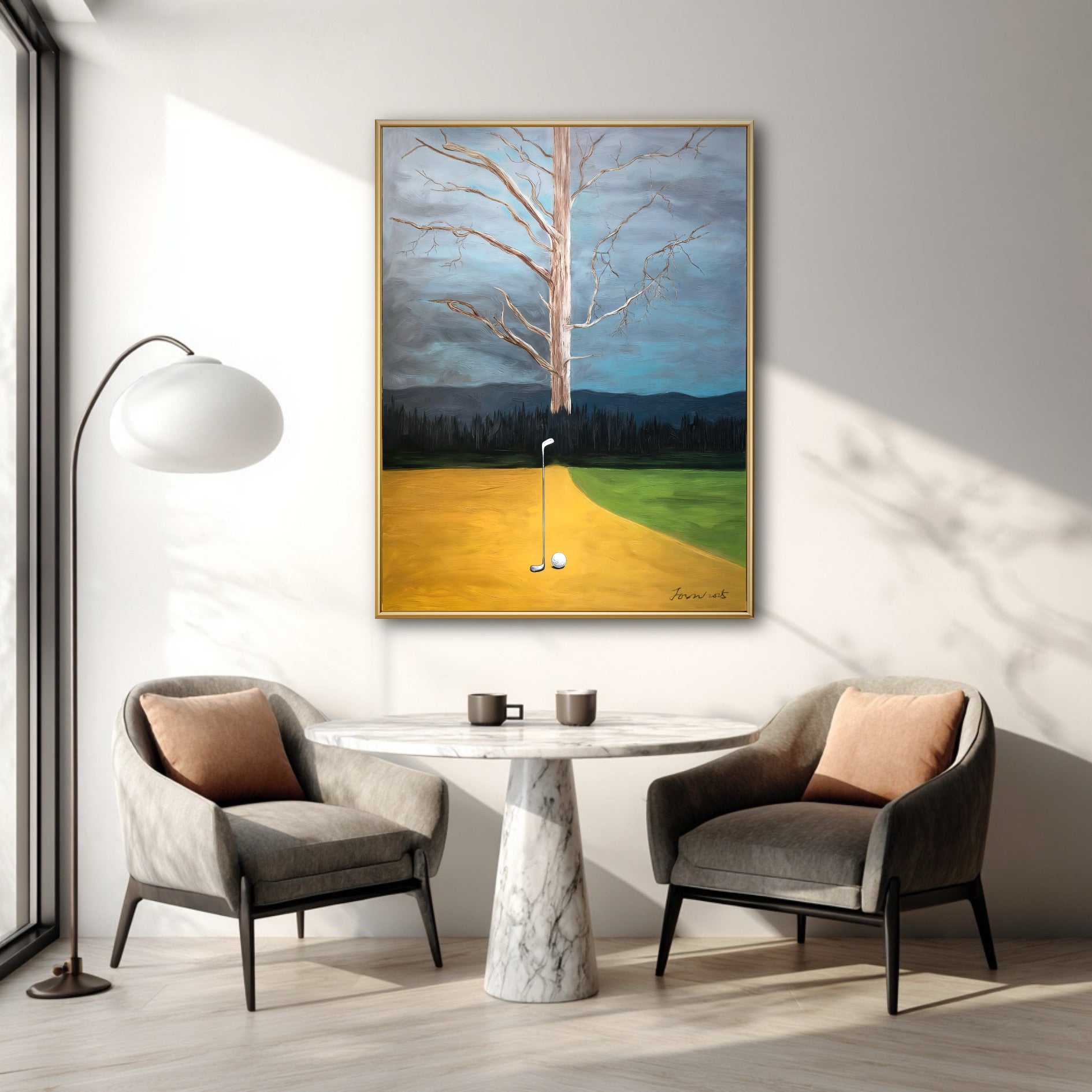 Hand-painted golf tree artwork in a luxury high-ceiling living room. The golden path matches the warm lighting and elegant decor.