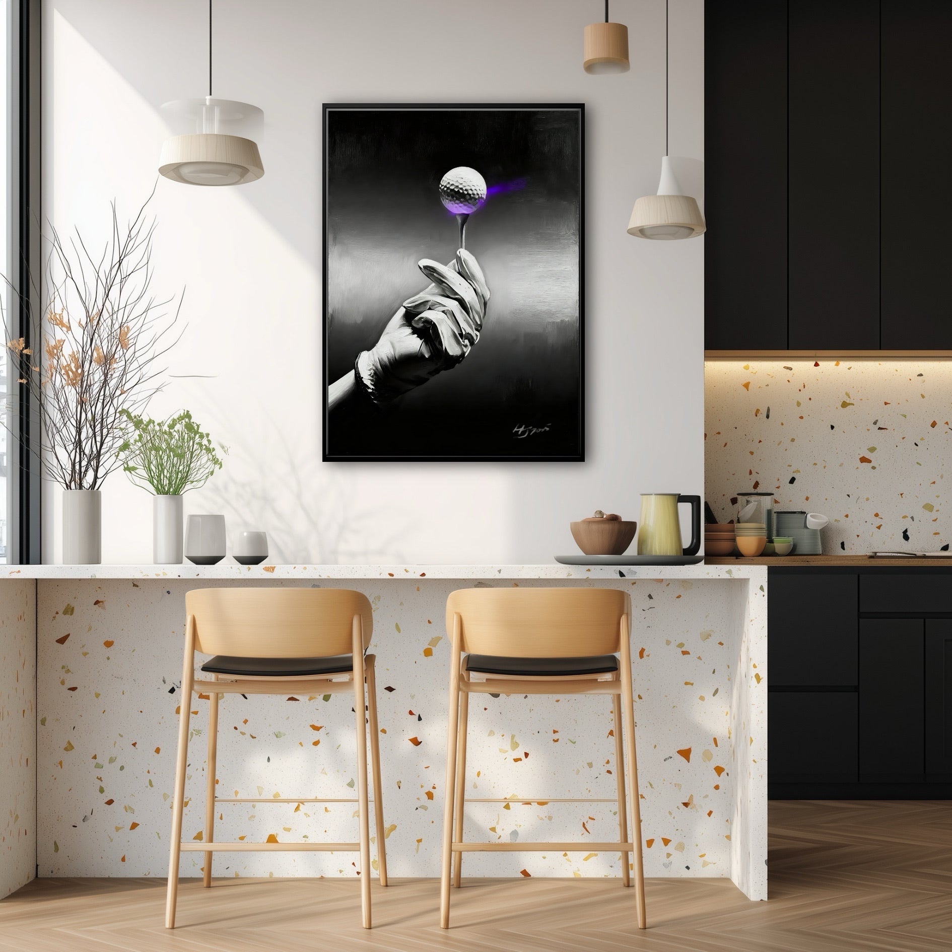 Hand-painted golf wall art in a bright contemporary kitchen. Dark contrast anchors the airy space above a terrazzo island.