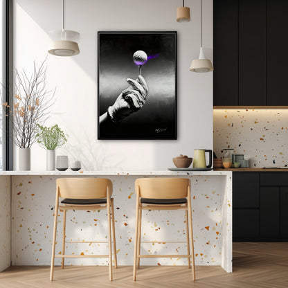 Hand-painted golf wall art in a bright contemporary kitchen. Dark contrast anchors the airy space above a terrazzo island.