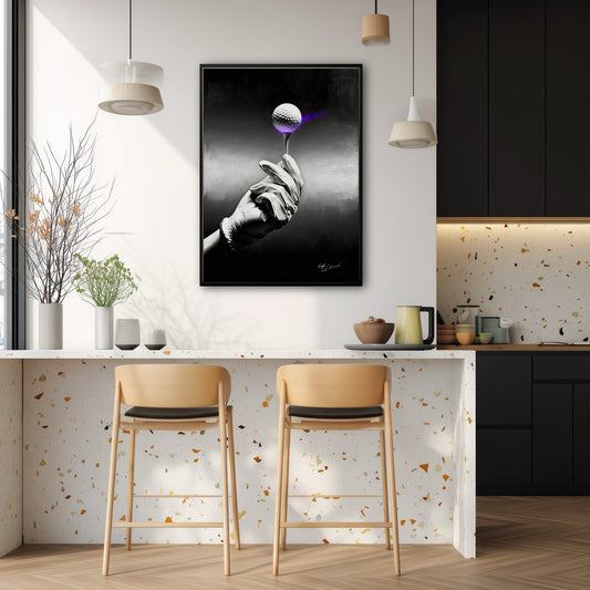 Hand-painted golf wall art in a bright contemporary kitchen. Dark contrast anchors the airy space above a terrazzo island.
