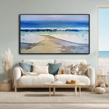 The abstract beach painting enhances the room's airy, coastal boho theme, complementing the pampas grass and the window's ocean view.