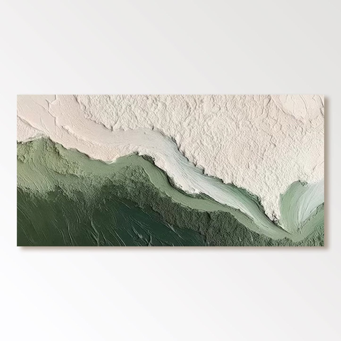 Original abstract textured art: Green and white wave movement, landscape/ocean vibe, neutral yet vibrant tone, large modern wall canvas.