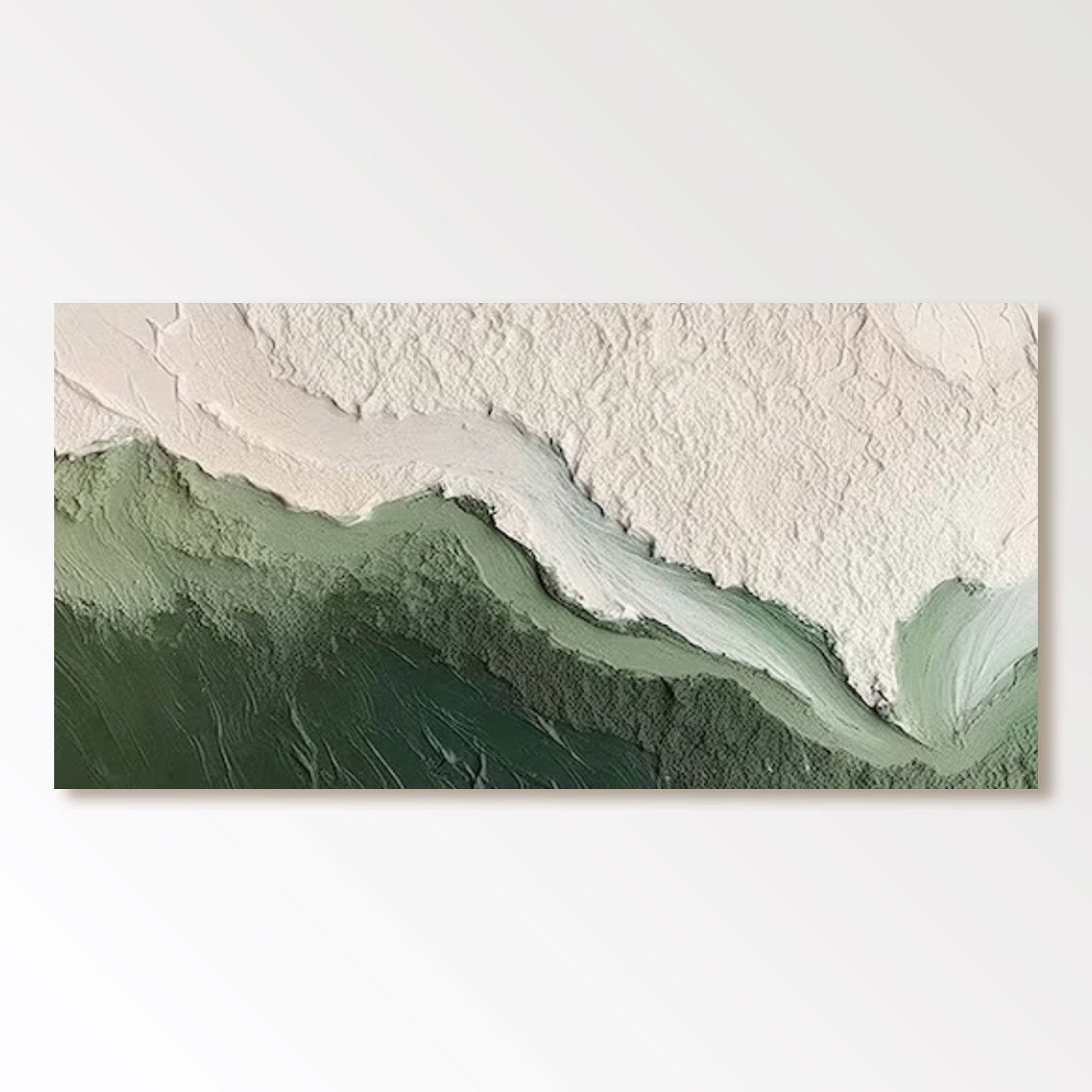Original abstract textured art: Green and white wave movement, landscape/ocean vibe, neutral yet vibrant tone, large modern wall canvas.