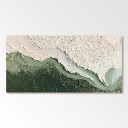 Original abstract textured art: Green and white wave movement, landscape/ocean vibe, neutral yet vibrant tone, large modern wall canvas.