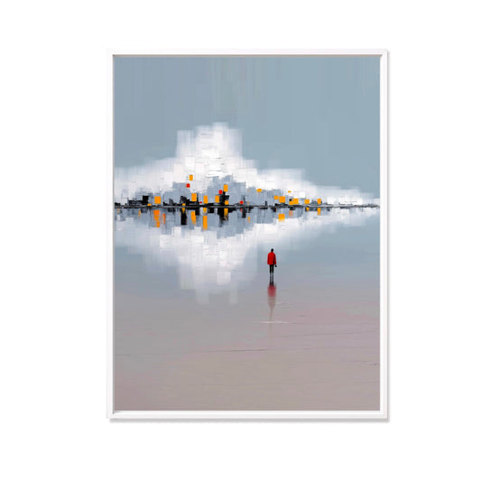 A minimalist expressionist hand-drawn oil painting: a vertical reflection landscape in thin strokes, cold, and grey tones.