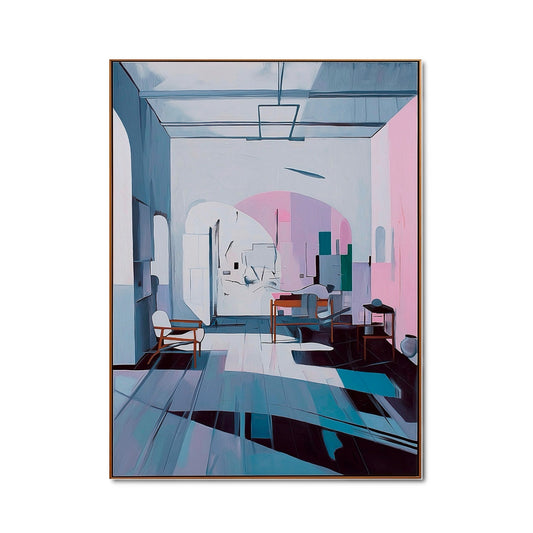 Original hand-painted Abstract Interior oil painting. Architectural style featuring cool blue shadows and blush pink accents. Modern wall art.