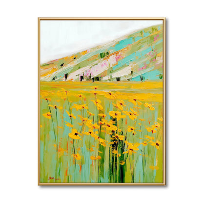 Original landscape painting, vibrant yellow flower field & green hills. Abstract impressionist wall art with texture.