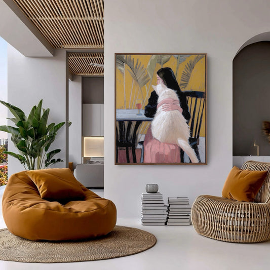 Original oil painting anchors a modern space. Slatted wood ceiling, architectural archway, burnt orange seating, and neutral walls.