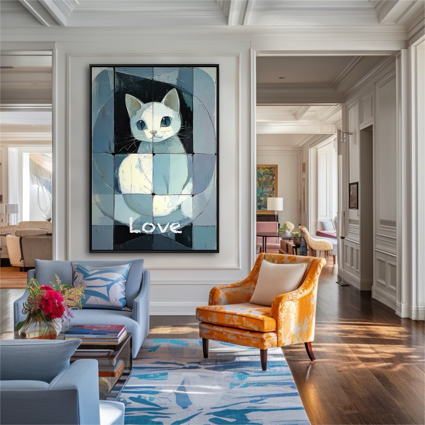 A large abstract cat painting creates a whimsical, modern focal point, contrasting with the classic wall moulding in an elegant, formal room.