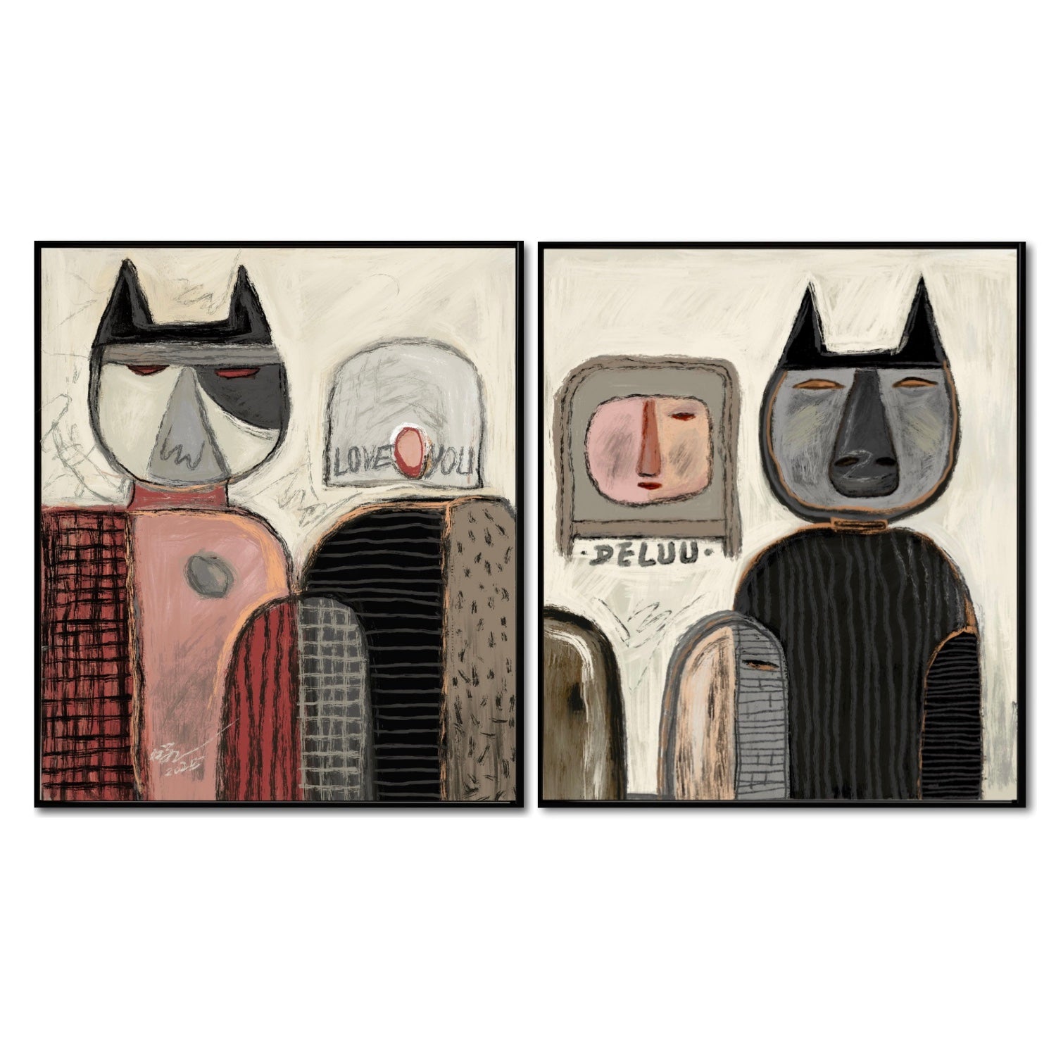 Original folk art abstract diptych featuring stylized dog/cat figures and human faces with heavy texture and mixed media. Neutral tone.