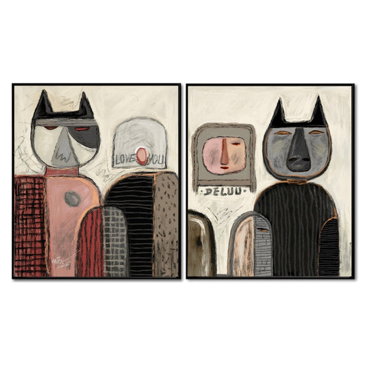 Original folk art abstract diptych featuring stylized dog/cat figures and human faces with heavy texture and mixed media. Neutral tone.