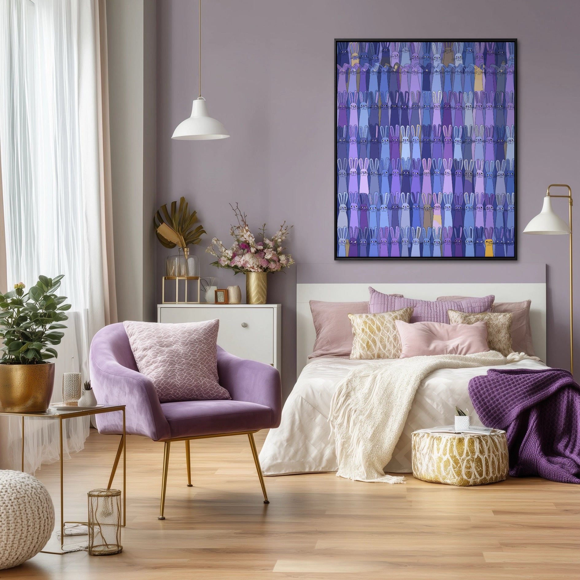 Contemporary violet bunny art, deep color tone, complements plush purple bedroom decor and gold accents for a luxe, soft vibe.