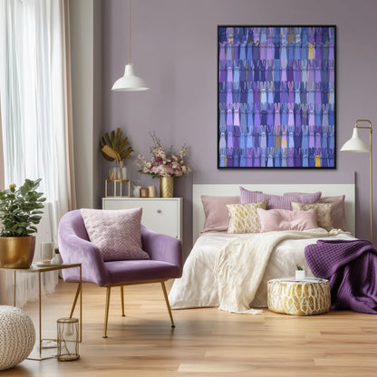Contemporary violet bunny art, deep color tone, complements plush purple bedroom decor and gold accents for a luxe, soft vibe.