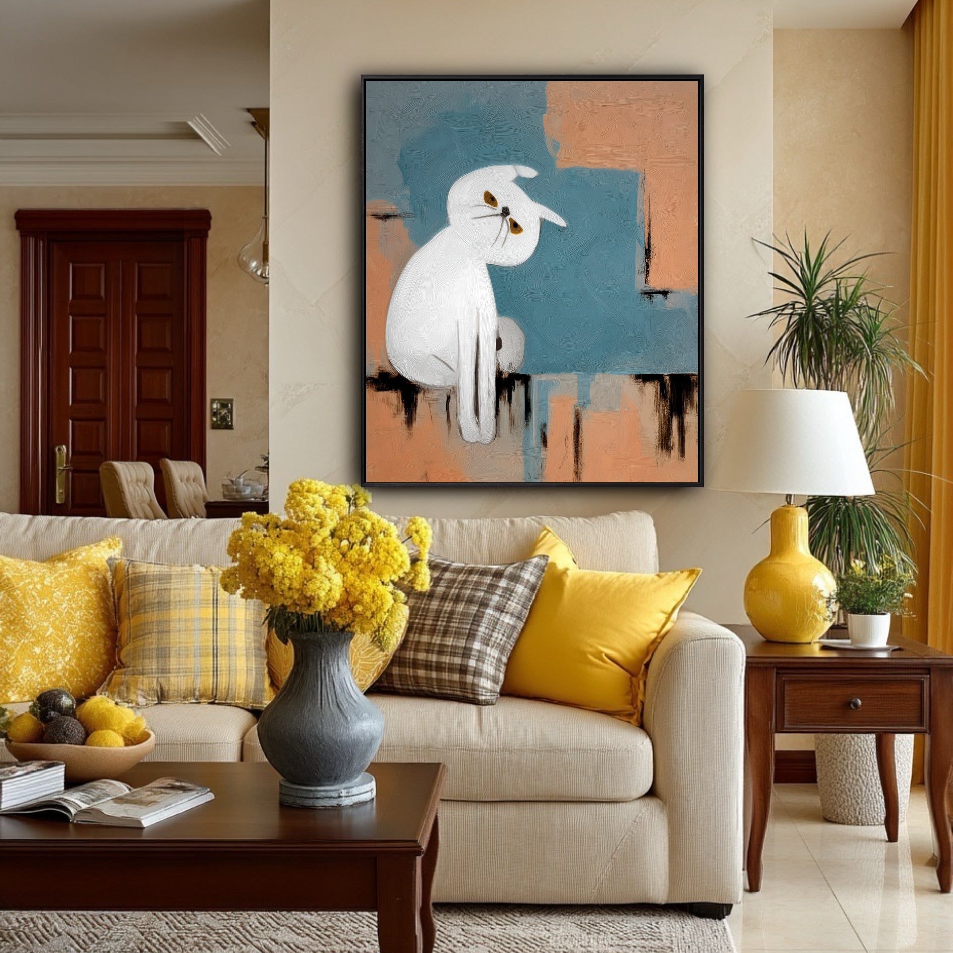 Original hand-painted cat art in a warm, inviting living room, complementing yellow accents & modern decor.