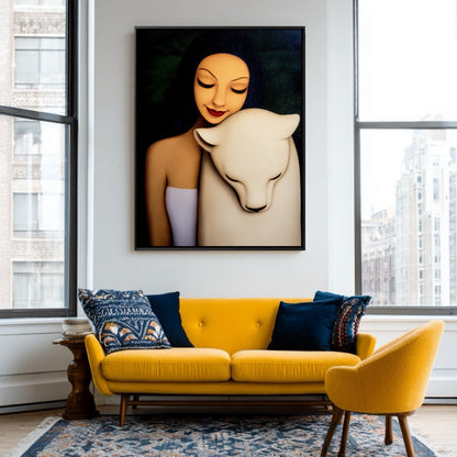Original oil painting in a vibrant, high-contrast living room. Mustard yellow sofa, large city windows, and modern blue rug.